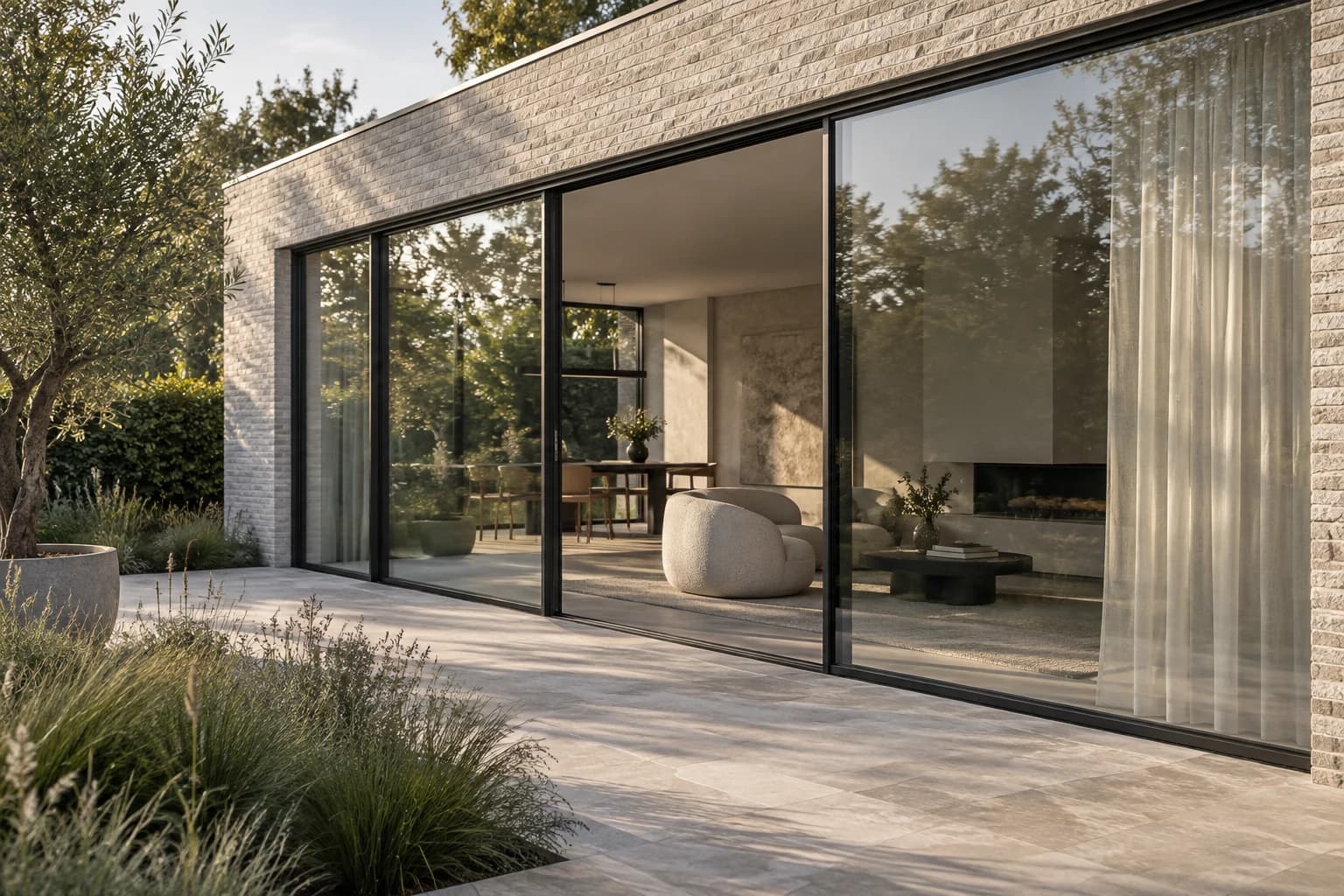Slanke aluminium schuifpuien aan een terras