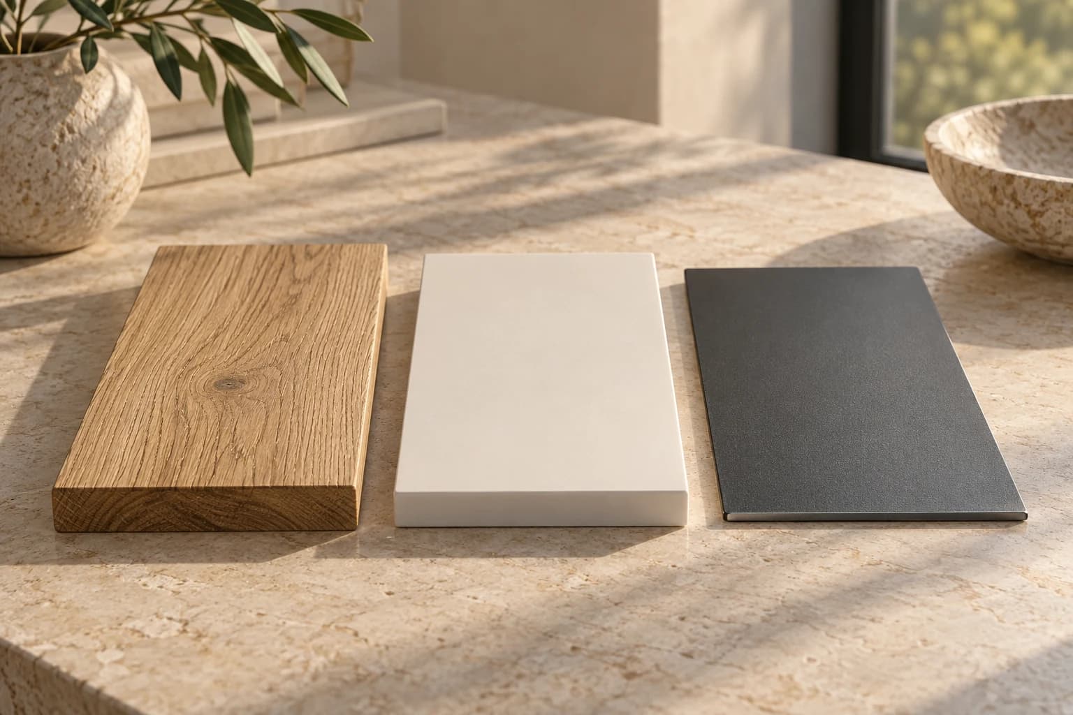 Hout, wit kunststof en donker aluminium als materiaalstalen