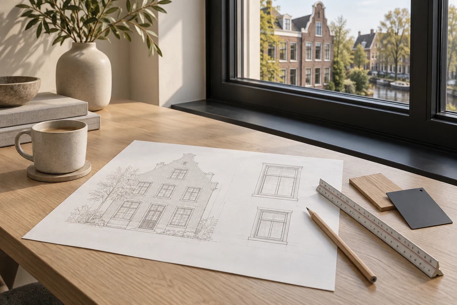 Tekeningen en materiaalstalen op een tafel bij het raam